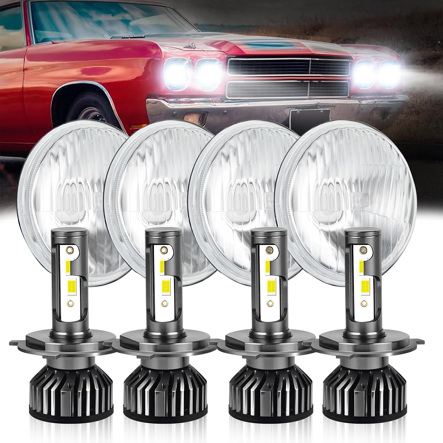 5.75 inch Headlight Round 4pcs Reflector + 4pcs H4 LED Bulbs H4/9003 Light Bulb Headlamp Set H5001 H5006 Front Light Housing