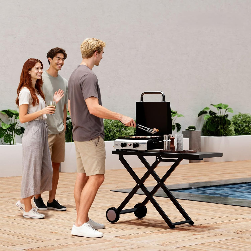 Bonnlo Foldable Flat Top Grill with 2 Burner & Lid, Powerful 20,000 BTU Propane Gas Grills with Ignition, Enamel Griddle, Side Shelf & Portable Cart with Wheels for Outdoor Camping Hibachi Grill Use
