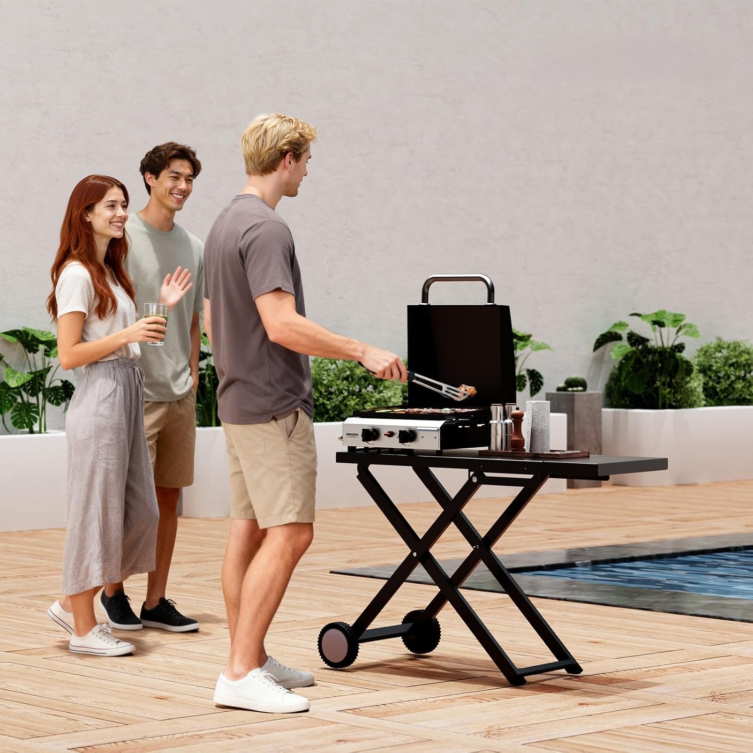 Bonnlo Foldable Flat Top Grill with 2 Burner & Lid, Powerful 20,000 BTU Propane Gas Grills with Ignition, Enamel Griddle, Side Shelf & Portable Cart with Wheels for Outdoor Camping Hibachi Grill Use