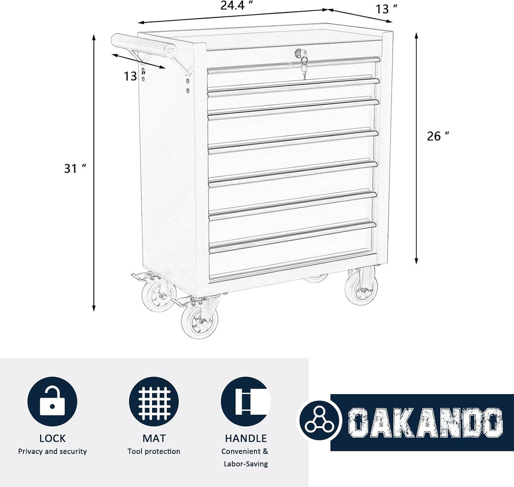 7-Drawer Metal Rolling Tool Chest with Wheels,Tool Storage Cabinet with Locking System，Toolbox with Wheels for Garage, Warehouse, Workshop, Repair Shop