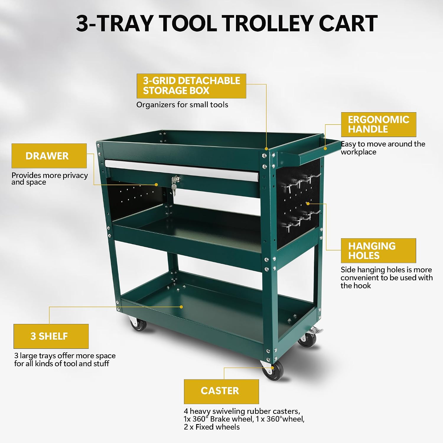 3 Tier Rolling Tool Cart, Heavy Duty Utility Cart Tool Organizer with Storage Drawer, Industrial Commercial Service Tool Cart for Mechanics, Garage, Warehouse & Repair Shop