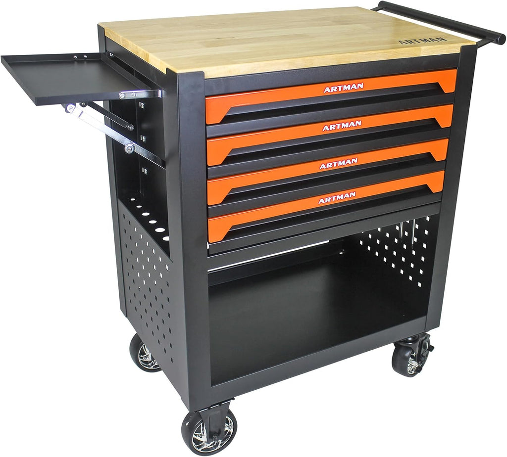 Campfun 4 Drawers Tool Box with Wheels Rolling Tool Cart with Drawers, Workbench Tool Box, Wooden Top Tool Boxes, Metal Multifunction Tool Cart for Garage, Warehouse, Repair Shop, Orange