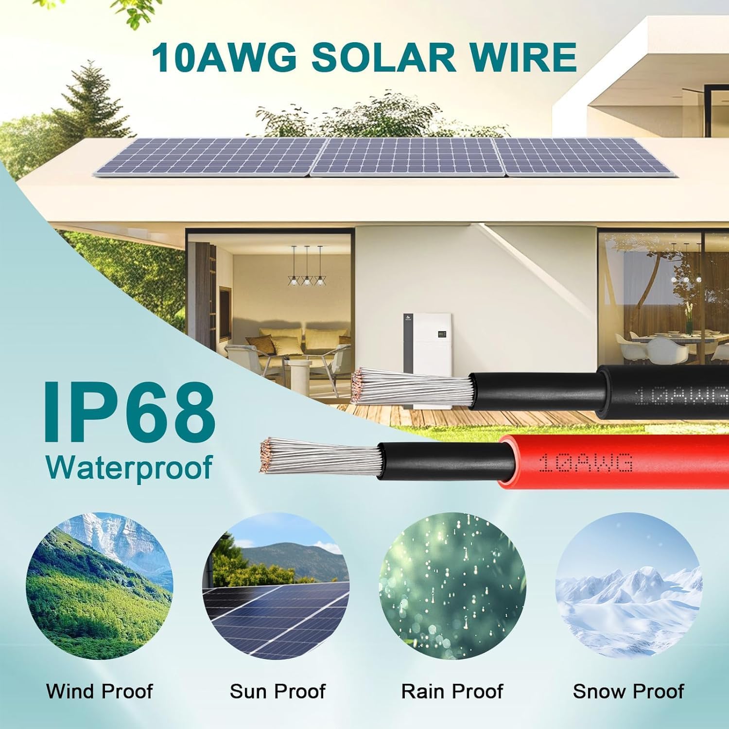 10AWG Solar Wire 6mm², 2 Pack 150FT Red & Black Solar Panel Cable, 84 Strands Tinned Copper, XLPE Insulated Outdoor Wire for PV Systems, Inverter, Battery, RV, Car, Boat – Fire & UV Resistant