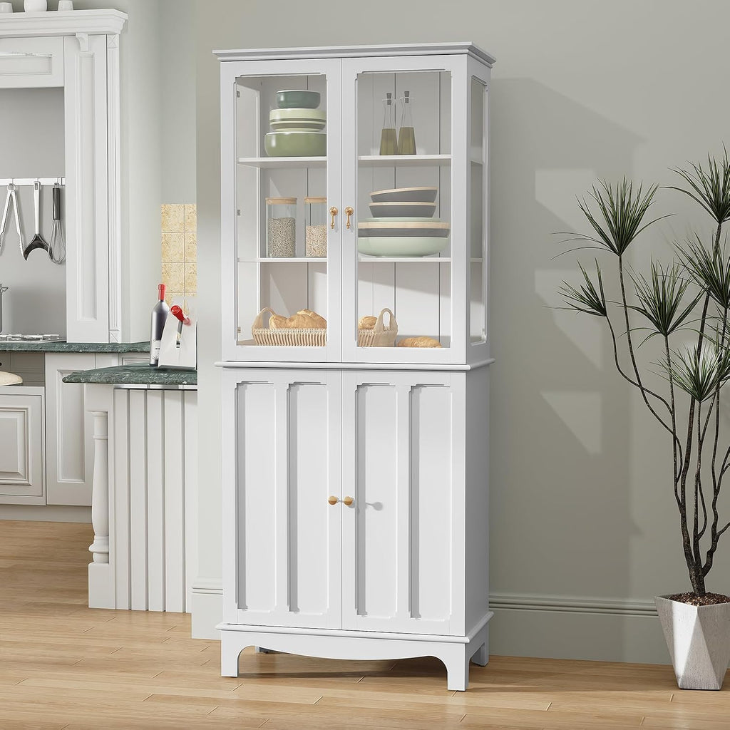 ARTPOWER 72' Freestanding Kitchen Pantry Storage Sideboard, Classical Tall Cabinet with Glass Door and Adjustable Shelves for Kitchen, Livingroom and Dining Room, White