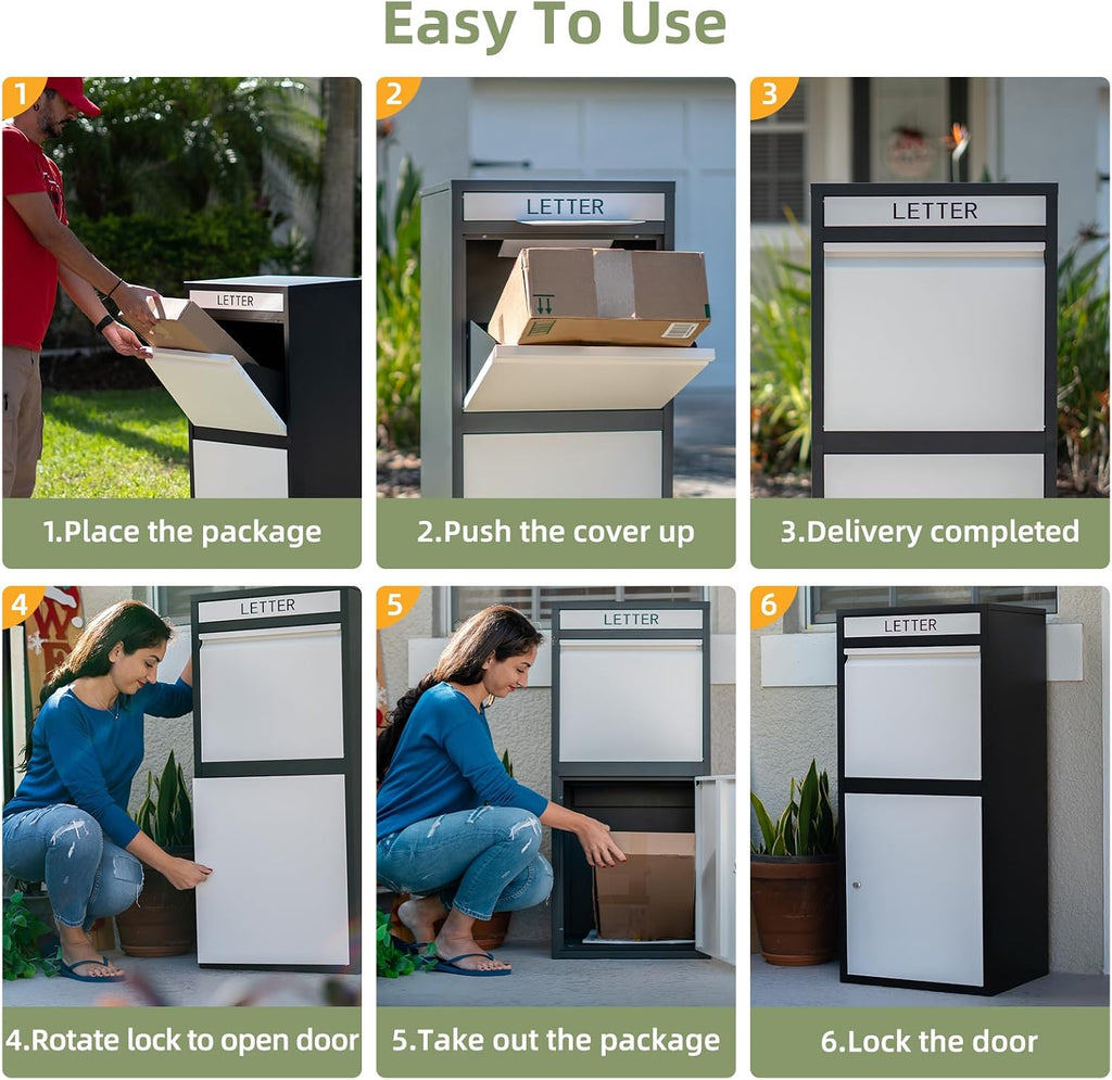 Package Delivery Boxes for Outside, Extra Large Capacity Modern Mailbox, Outdoor Freestanding Porch Box for Package (Black and White)
