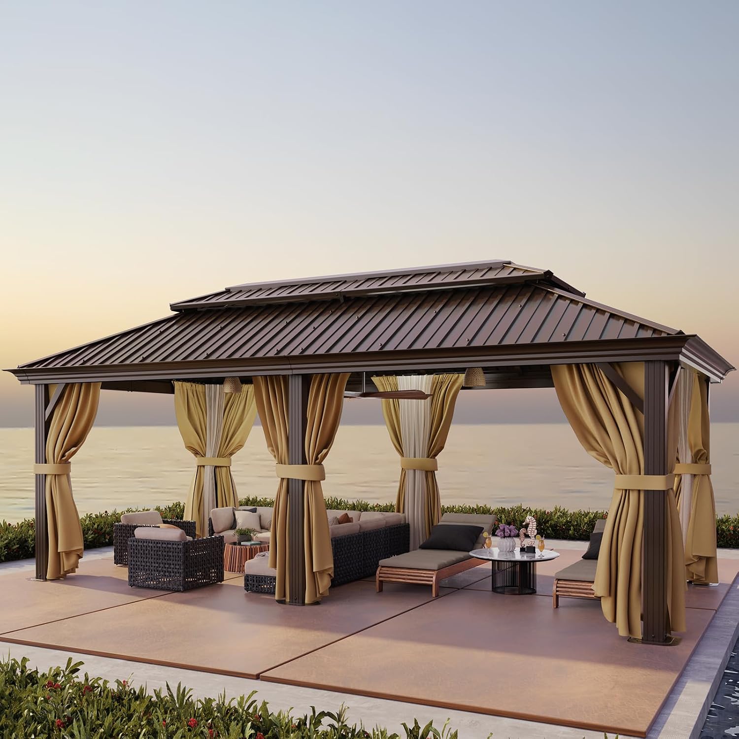 HOTEEL 12x20 Hardtop Gazebo on Clearance with Metal Roof & Drainage System, Heavy Duty Galvanized Steel Gazebo with Aluminum Frame, Privacy Curtains and Netting, for All-Weather, Brown(2026 Upgraded)