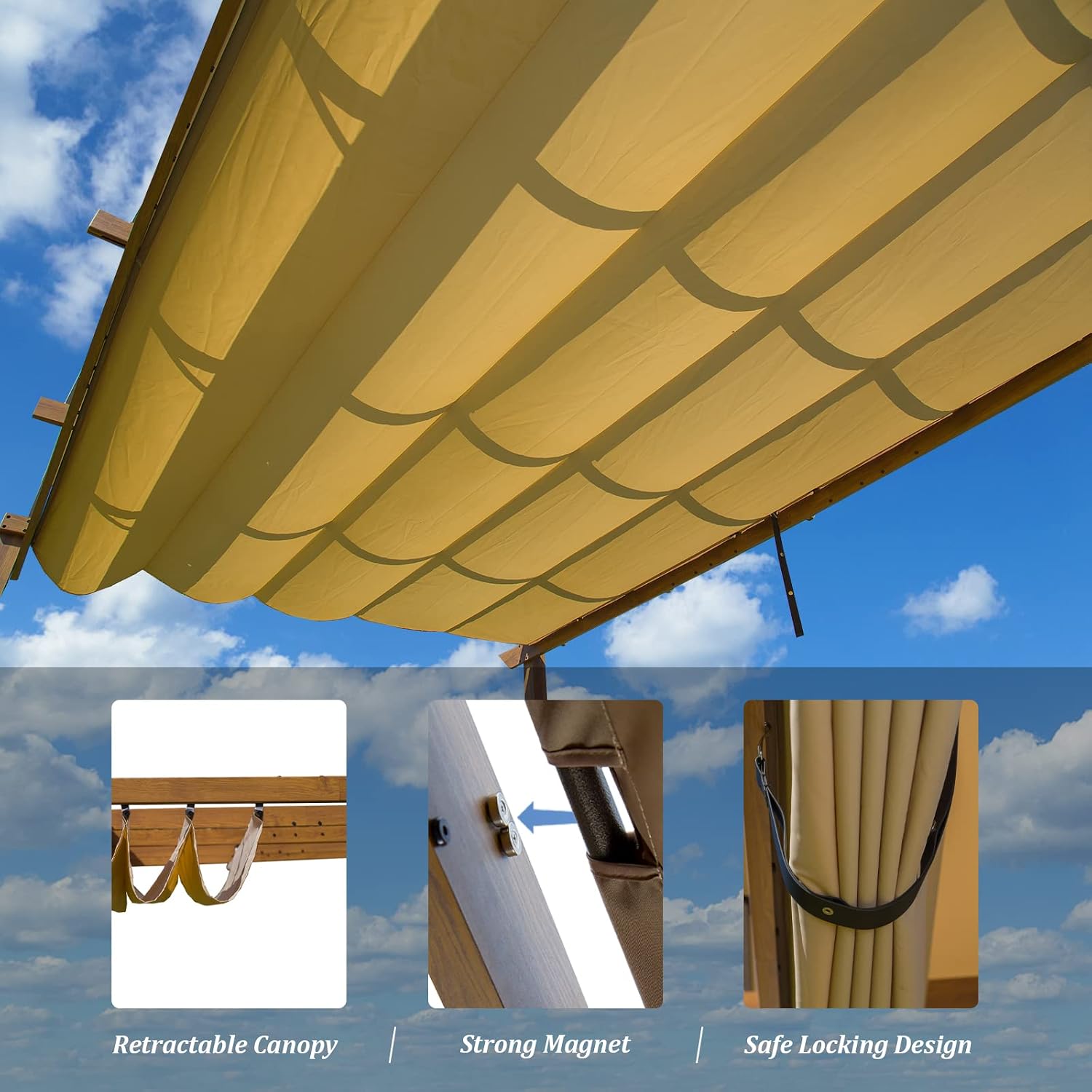 Domi 9x13FT Outdoor Pergola Canopy with Retractable Sun Shade, Weather-Resistant Aluminum Frame for Patio, Backyard, Deck, Garden, BBQ, and Gatherings, Wood-Look Finish