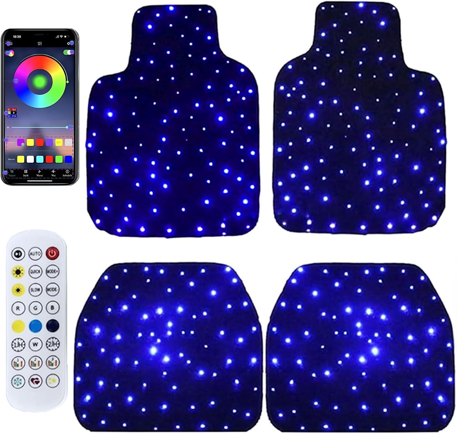 Starlight LED car Floor mat - Universal Type, Equipped with Remote Control Environment RGB Lighting kit, Waterproof and Washable, Vehicle Multi-Color Starlight Effect, Creating a Romantic Atmosphere