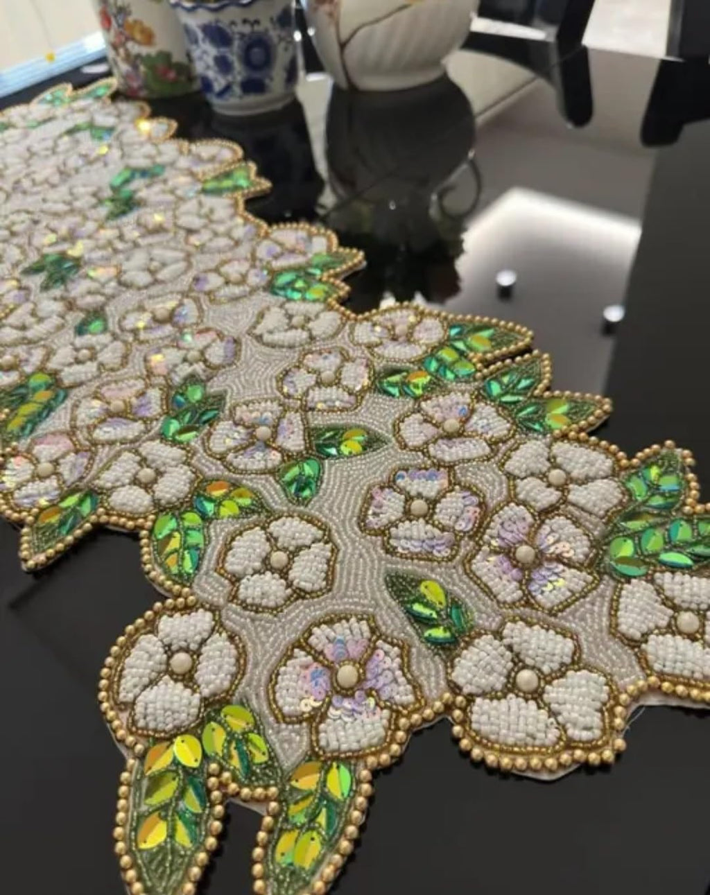 Beaded Table Runner, Floral Design with Gold Trim, White Flowers with Green and Yellow Leaves