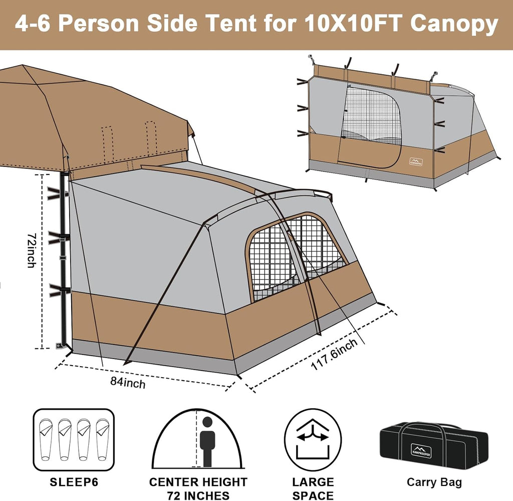 KAMPKEEPER Canopy Side Tent,4-6 Person Camping Cube Tent for 10x10 Pop Up Canopies,Easy Up Gazebo with Window,Compatible with 10' Wide Canopy Tents