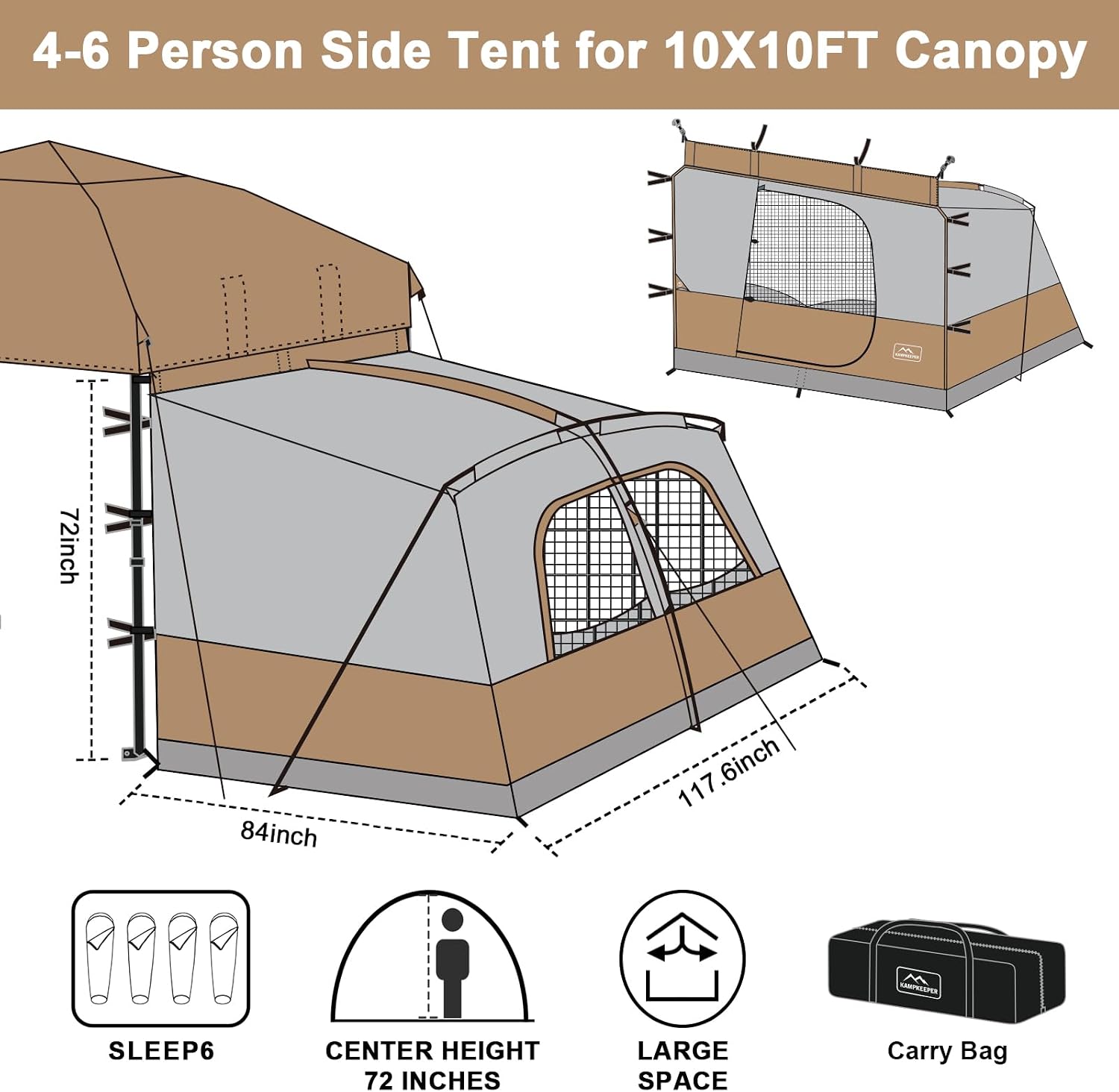 KAMPKEEPER Canopy Side Tent,4-6 Person Camping Cube Tent for 10x10 Pop Up Canopies,Easy Up Gazebo with Window,Compatible with 10' Wide Canopy Tents