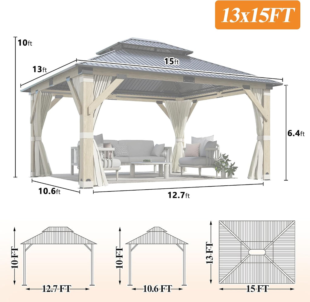 GARTOO 13'x15' Patio Wooden Gazebo, Galvanized Steel Roof Gazebo with Privacy Curtains and Netting, Double Vented Roof Hardtop Gazebos for Garden, Poolside, Porch, Lawn, Backyard Deck