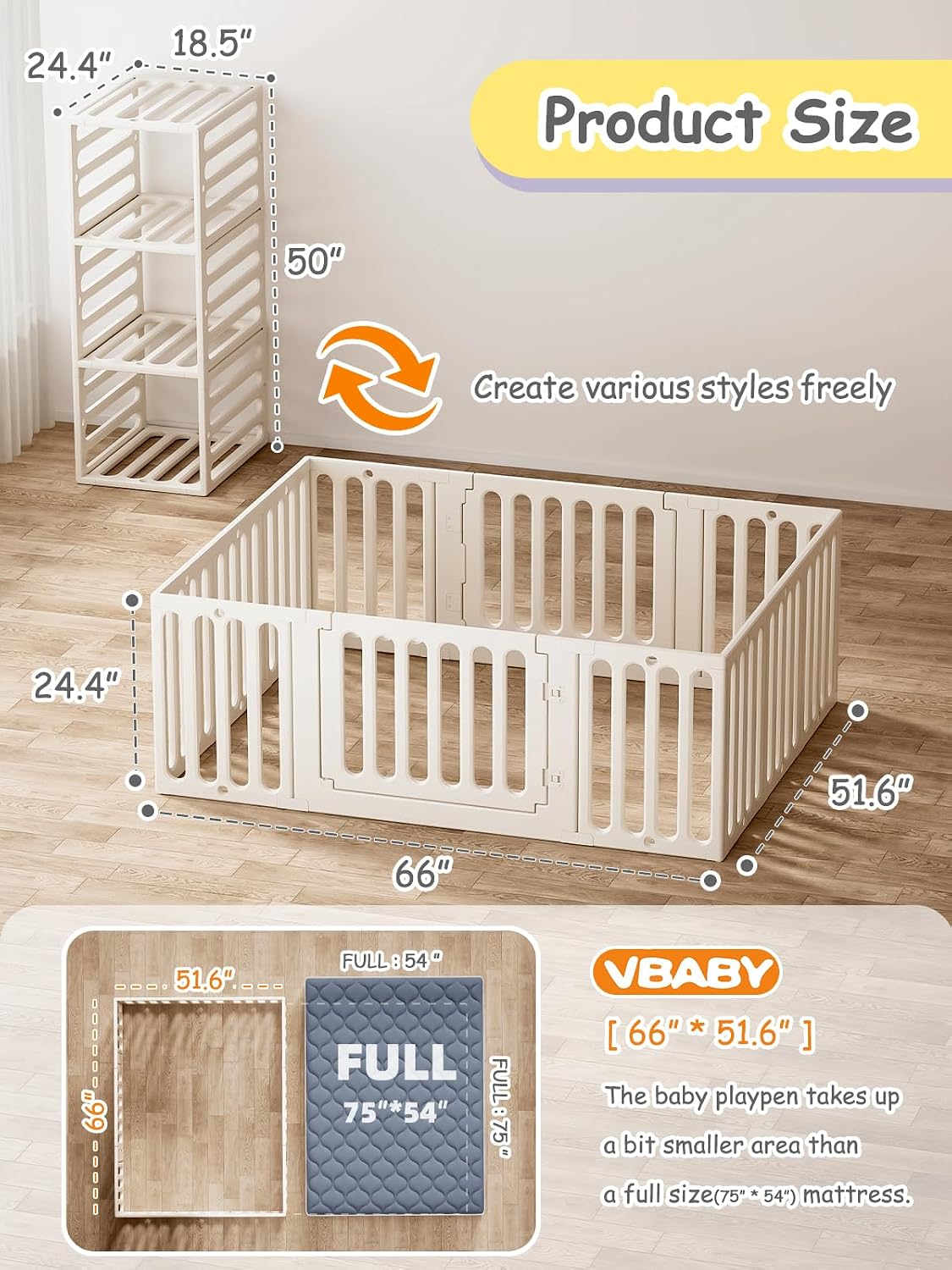 VBABY Baby Playpen, Plastic Play Pen for Babies and Toddlers 1-3, 12 Panels Large Kids Playyard, Indoor & Outdoor Baby Fence, 66' x 51', White