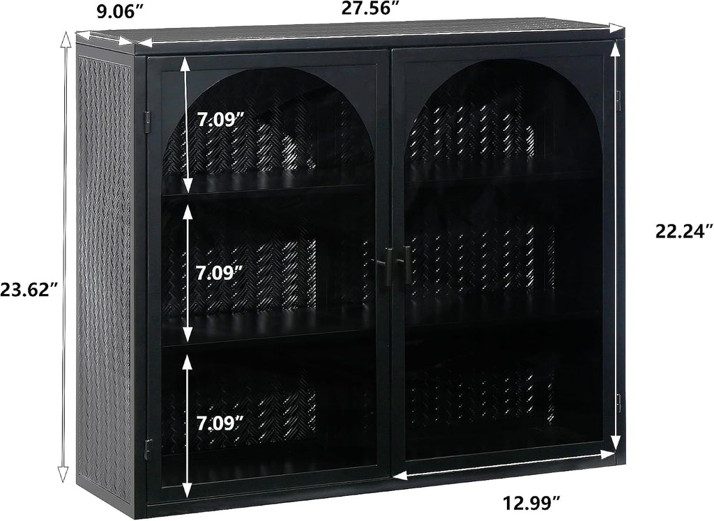 Retro Style Haze Double Glass Door Wall Cabinet with Detachable Shelves for Office, Dining Room,Living Room, Kitchen and Bathroom Mint Black
