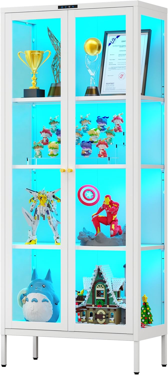 Polup Glass Display Cabinet with Glass Doors, Metal Curio Cabinet with 8-Color LED Lights, 66 Inch Tall Display Case for Collectibles, White Glass Cabinet for Living Room, Assembly Required