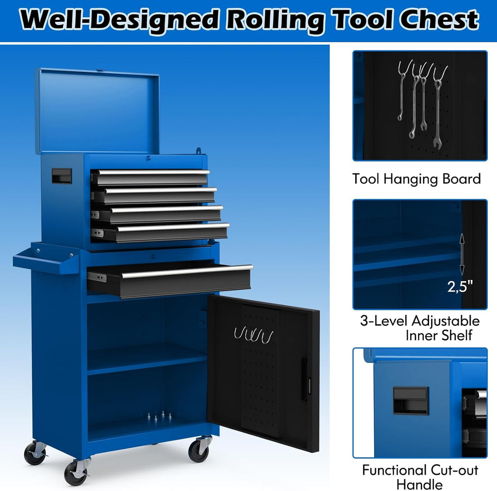 Rolling Tool Chest, 5-Drawer Tool Storage Cabinet with Wheels, Adjustable Shelf & Anti-Slip Liner, Tool Box Organizer for Garage, Warehouse & Workshop (Blue+Black)