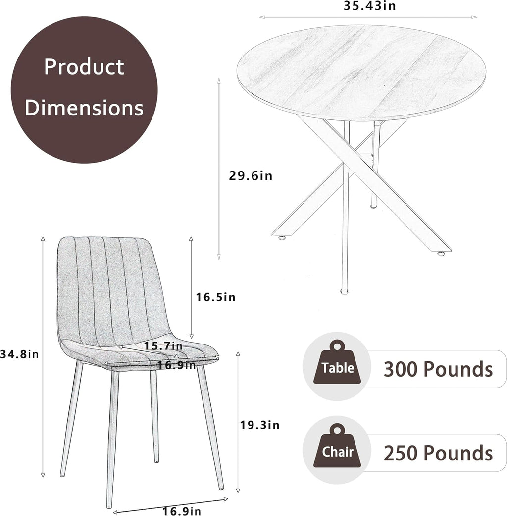 RGZ 36' Round Dining Table Set for 4, 5 PCS Modern Wooden Black Circle Kitchen Table with Steel Legs & 4 Black Velvet Upholstered Chairs for Dining Room, Living Room, Kitchen