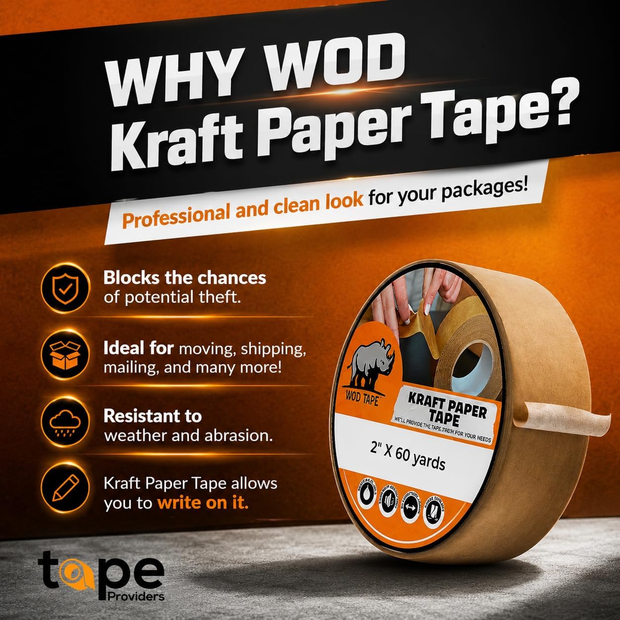 WOD Made in USA Kraft Paper Flatback Carton Sealing Tape - 2 inch x 60 yds. - for Packaging, Moving, Shipping, or Storage Boxes, Pack of 24