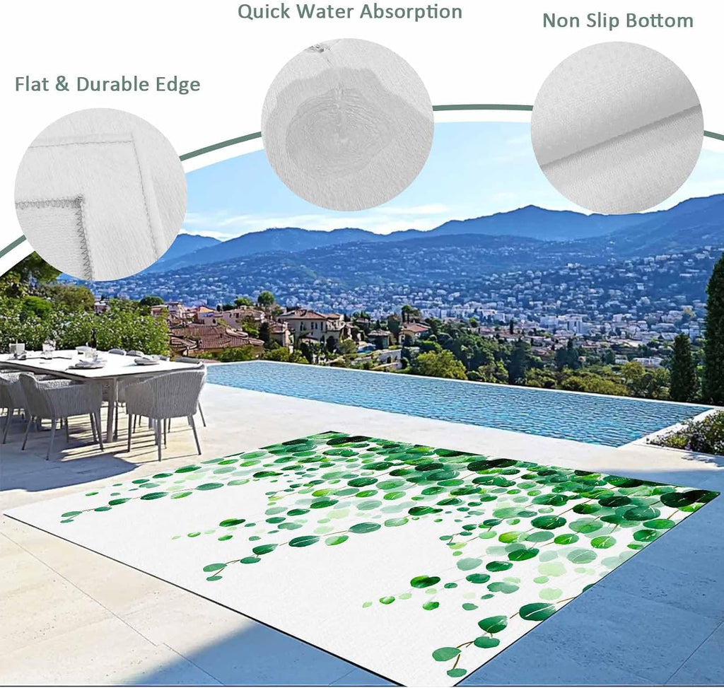 Outdoor Rug 4x6ft Spring Summer Gradient Green Leaves*Watercolor Botantical Patio Area Rugs Waterproof Easy Cleaning Non Shedding Thick Mats Carpet for Indoor Outdoor Porch Deck Backyard Balcony