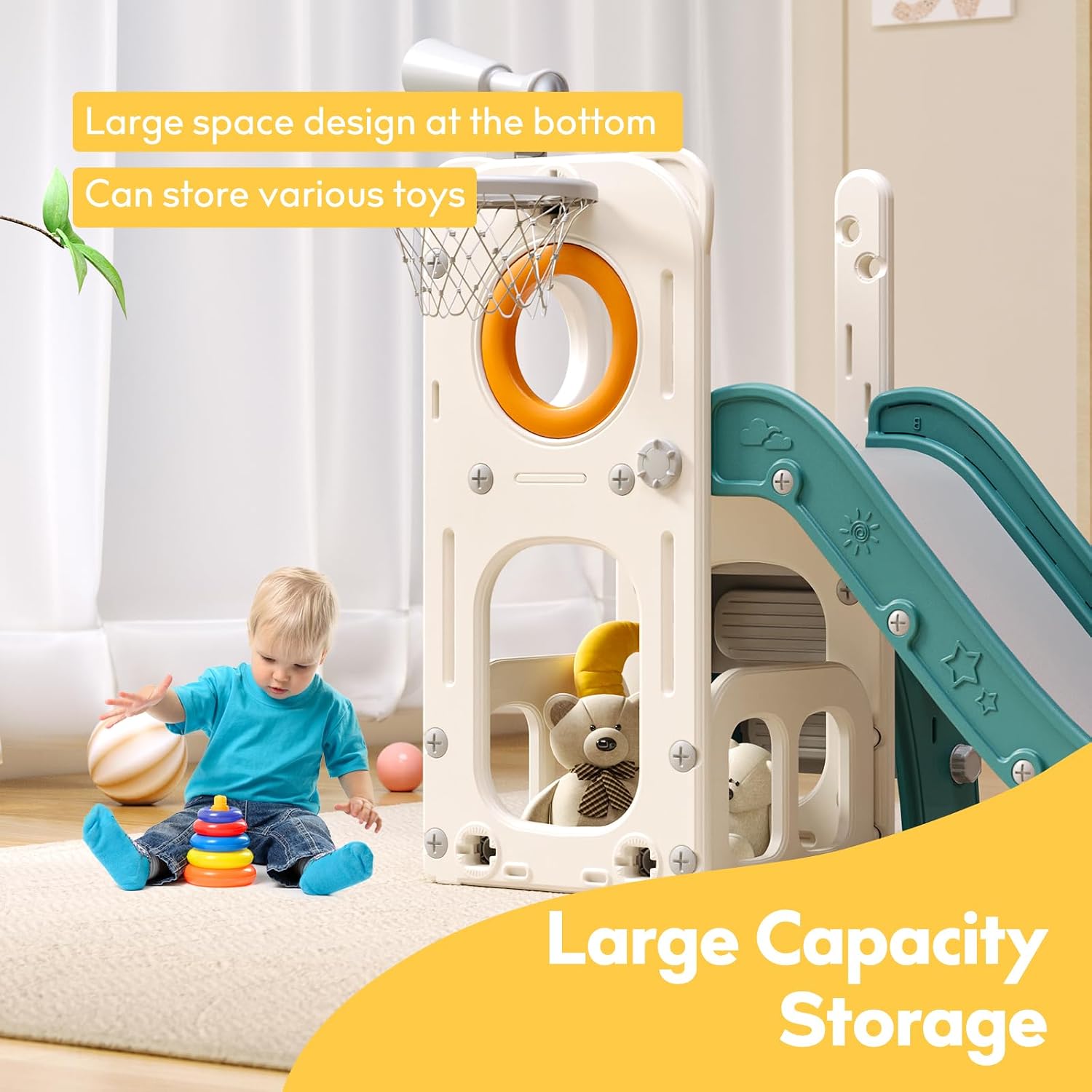 6 in 1 Toddler Playset with Slide,Toddler Slide,Slide for Kids with Basketball Hoop,Ball,Ring Toss,Kids Slide Toddler Playground Toddler Slide Indoor Outdoor Toys