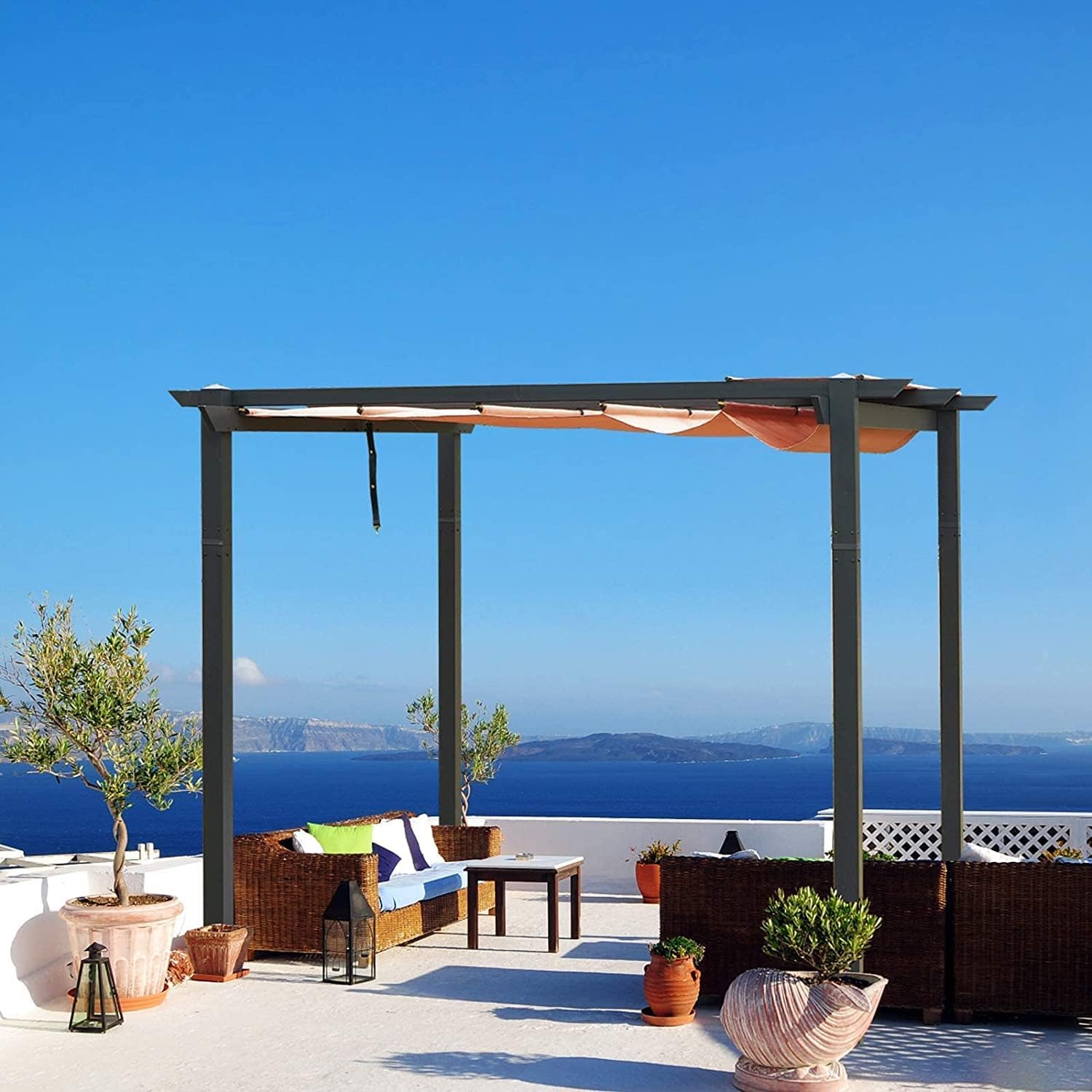 Domi 10' X 13' Outdoor Retractable Pergola with Sun Shade Canopy, Patio Aluminum Pergola for Garden, Beach, Porch, Party, Grill Gazebo, Grape Trellis, Beige