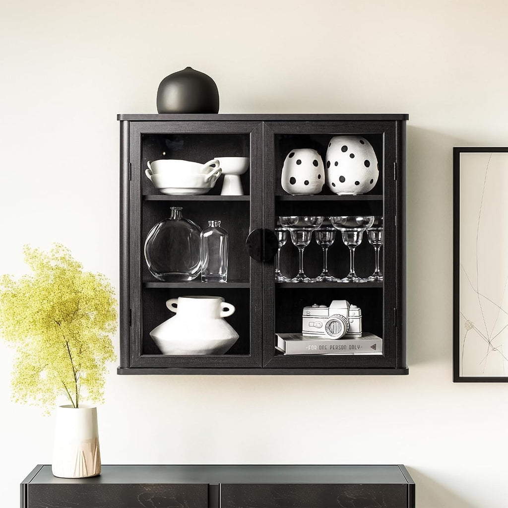 NEWOWNDS 56' Black Wall Storage Cabinets,Kitchen Wall Cabinets with Glass Doors,Over The Toilet Storage Cabinets with Tempered Glass, Upper cabinets for Launtry, Kitchen,Bathroom, 28 inch X 2PCS