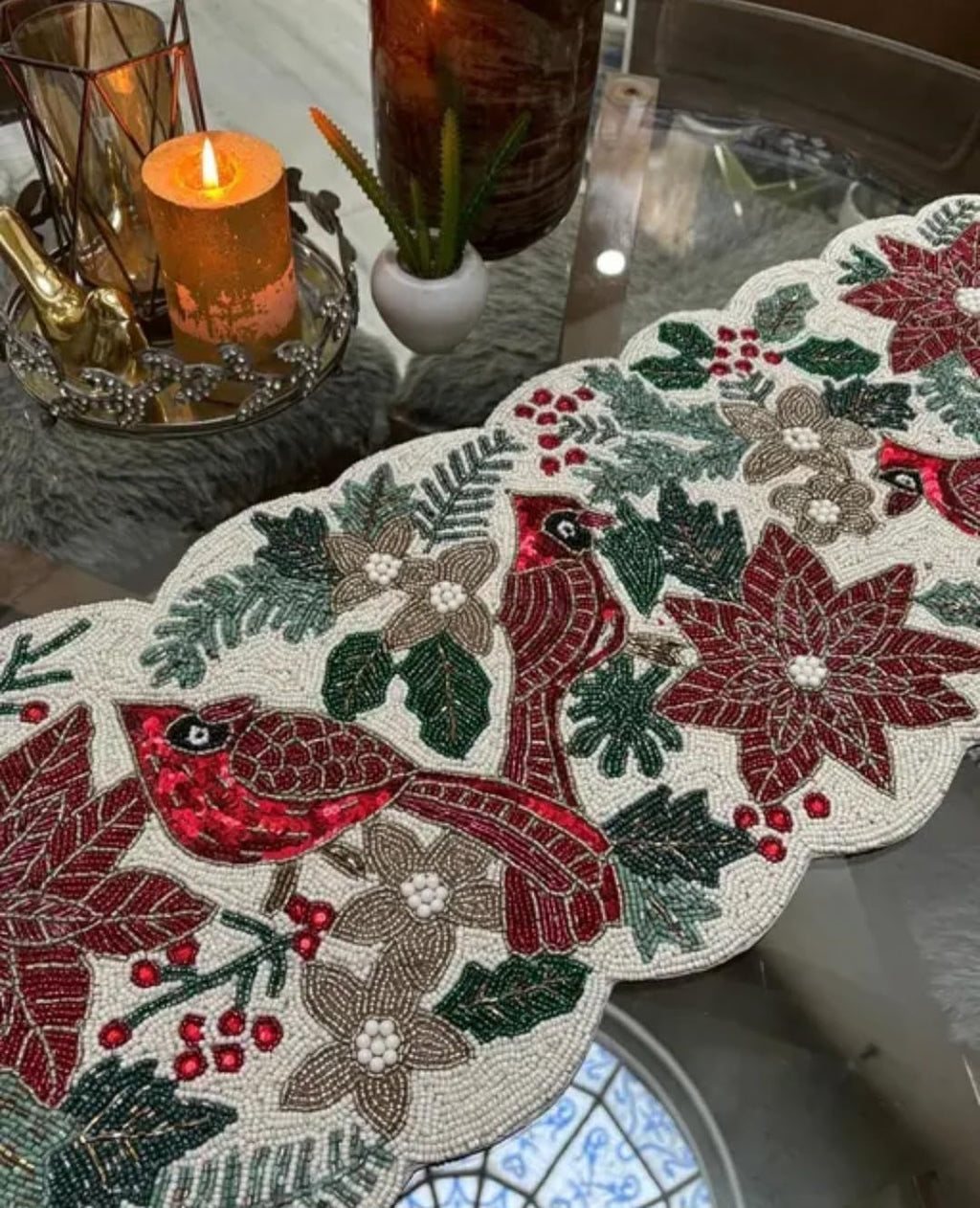 Beaded Table Runner, Red Poinsettia and Cardinal Design, Holiday Christmas Decor, Scalloped Edge