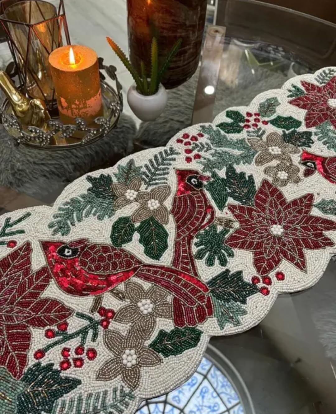 Beaded Table Runner, Red Poinsettia and Cardinal Design, Holiday Christmas Decor, Scalloped Edge