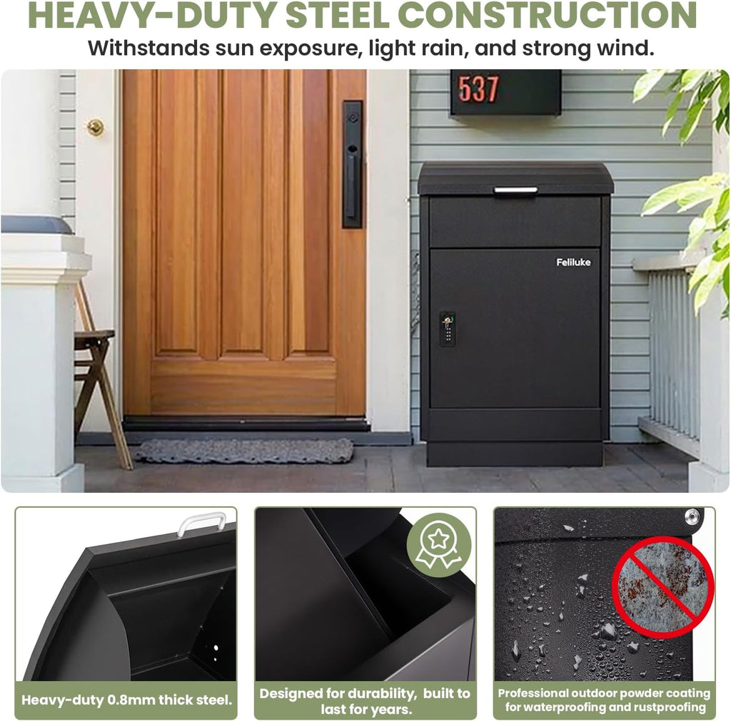 Large Outdoor Package Delivery Box, Heavy-Duty Metal Parcel Drop Box, Waterproof & Anti-Theft, Secure Lockable Mailbox for Porch, Curbside & Business Use