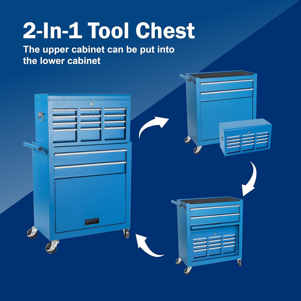 8 Drawers Tool Cart on Wheels with 1 Cabinet, Multifunctional Removable Rolling Storage Tool Chest Set,Tool Trolley Organizer Tool Box for Garage,Warehouse,Workshop,Repair Shop (42.5'H - Blue)
