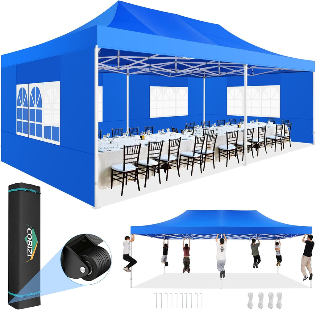 COBIZI 13x26 Pop up Canopy Heavy Duty with 6 Sidewalls, Easy Set-up Commercial Outdoor Party, 100% Waterproof Wedding Canopy Gazebo, 2 Height Adjustable with Wheeled Bag, Blue
