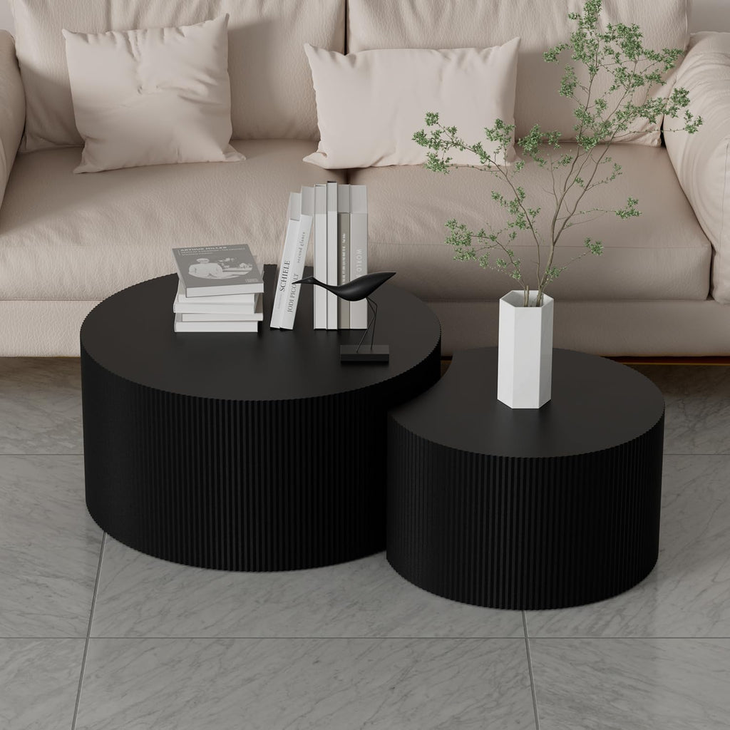 Black Round Coffee Table Set of 3 Modern Drum Circle Nesting Coffee Tables for Living Room, Contemporary Wood Fluted Embossed Round+Small Crescent Coffee Table, No Assembly, Black (3-Pcs)