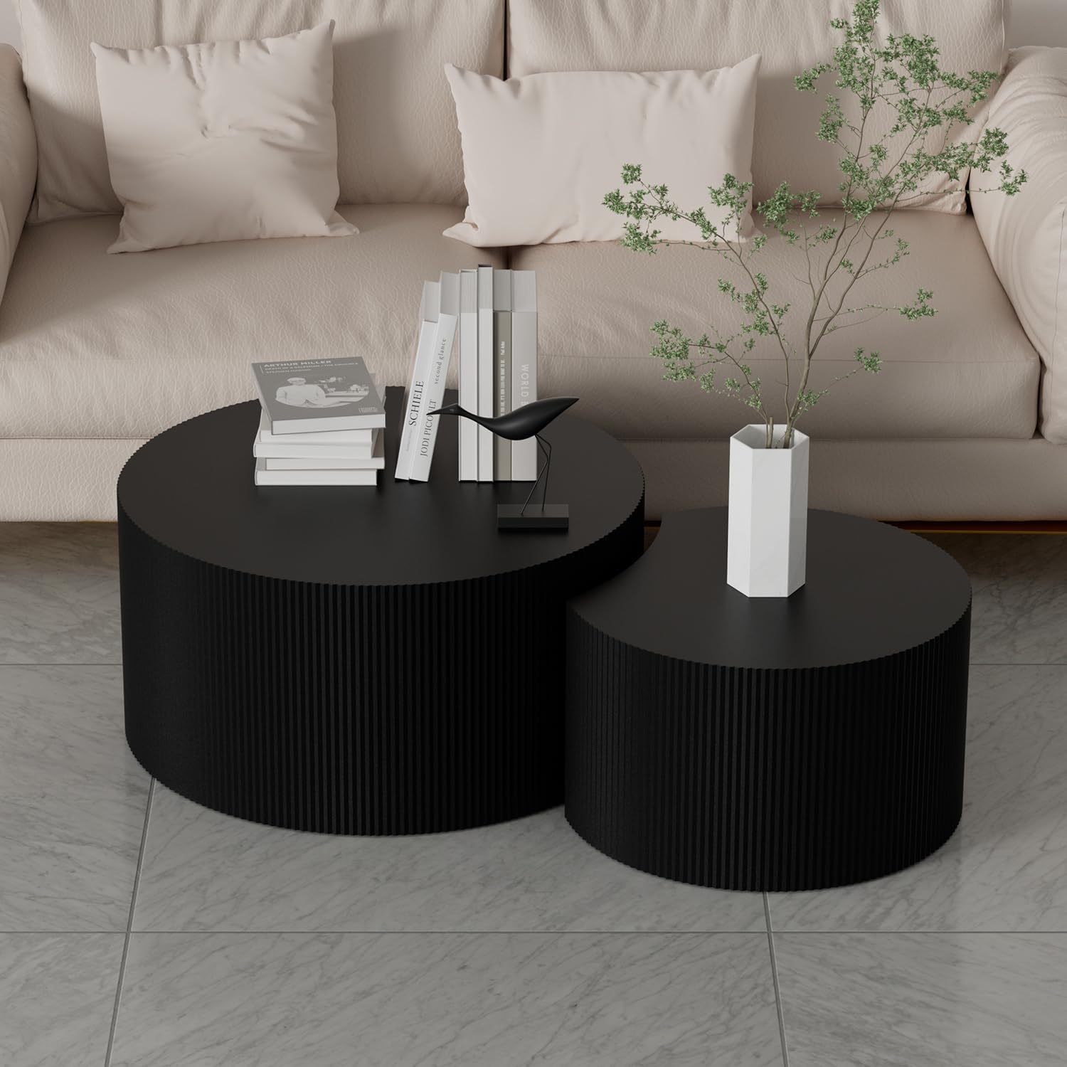 Black Round Coffee Table Set of 3 Modern Drum Circle Nesting Coffee Tables for Living Room, Contemporary Wood Fluted Embossed Round+Small Crescent Coffee Table, No Assembly, Black (3-Pcs)