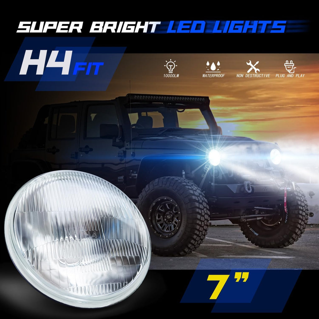 gigididi LED Light Bulbs,7 Inch led Glass Headlight Round Lens Housing+H4/9003 High&Low Beam Bulbs, 6000K Clear Lens 7 Inch H6024 Round Headlight Sealed,4PCS