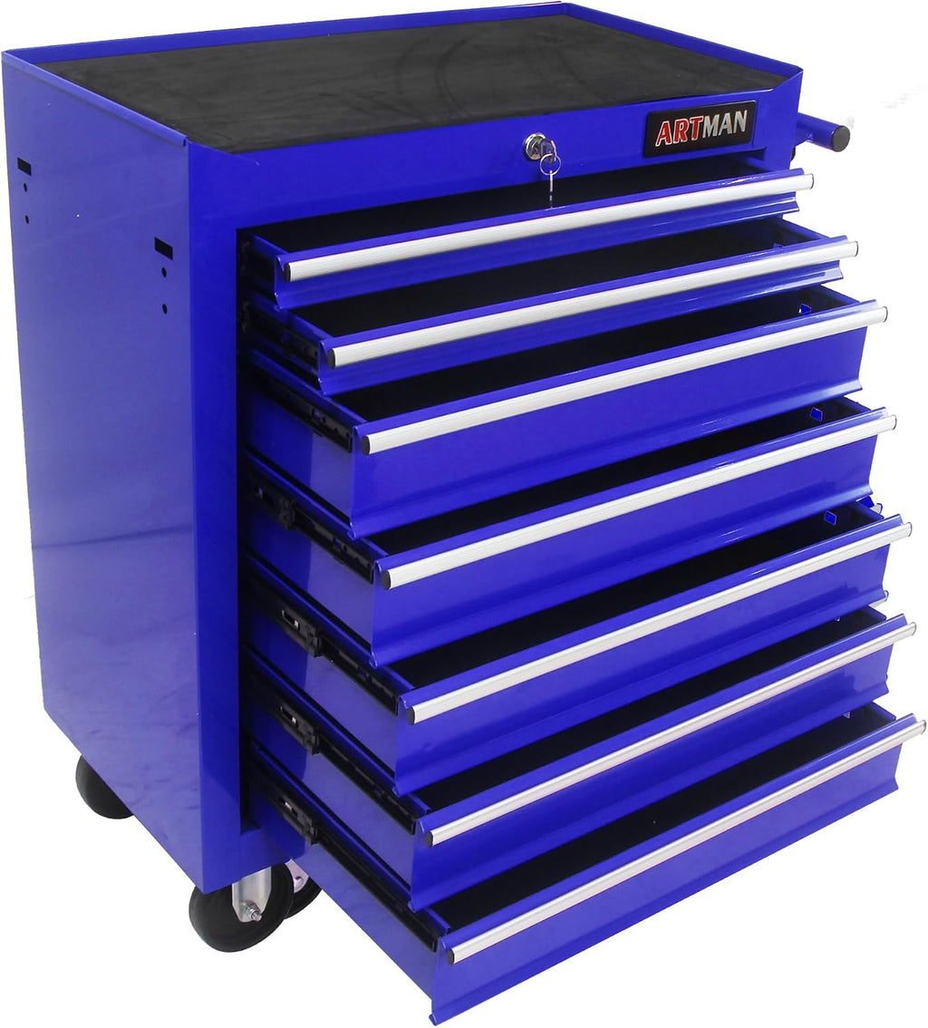 Rolling Tool Cart with 7 Drawers, Lockable Heavy-Duty Steel Tool Cabinet on Wheels, 300 lb Capacity, Ball-Bearing Slides, Powder-Coated Finish, Garage Workshop Tool Storage Blue