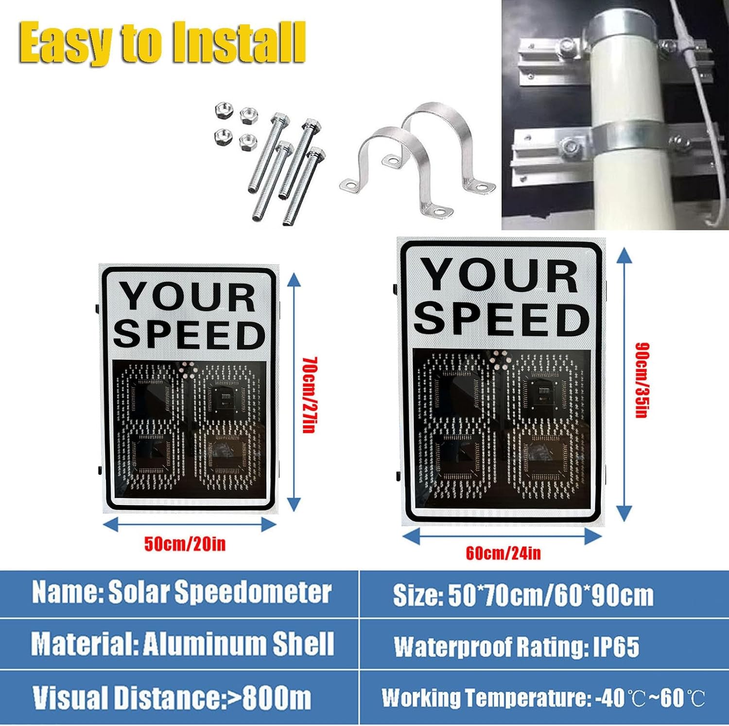 White Speed Display Radar Traffic Warning Sign, 24'x35'/20'x27' Solar LED Variable Speed Limit Sign Radar Vehicle Feedback Signage for Roadway Safety, with Accessories(A,50 * 70cm)