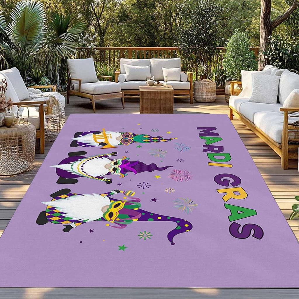 Outdoor Rug 4x6ft Mardi Gras Cartoon Cute Dwarfs Patio Area Rugs Waterproof Easy Cleaning Non Shedding Thick Mats Purple Carpet for Indoor Outdoor Porch Deck Backyard Balcony