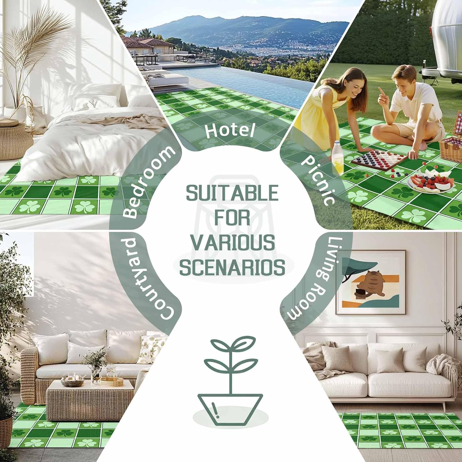 Outdoor Rug 4x6ft St. Patrick's Day Geometric Plaid Shamrocks Leaf Patio Area Rugs Waterproof Easy Cleaning Non Shedding Thick Mats Green Carpet for Indoor Outdoor Porch Deck Backyard Balcony