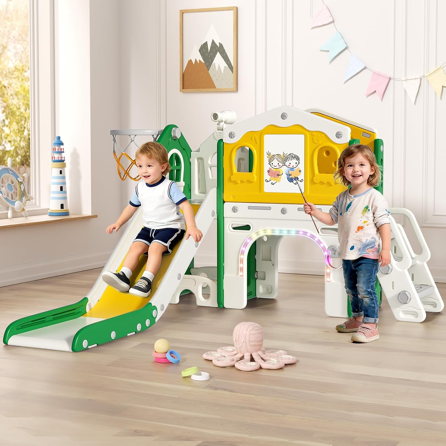 BIERUM 9 in 1 Toddler Slide Set - Baby Slide for Toddlers 1-3 with Colorful Lights, Drawing Board and Building Blocks Board, Indoor Outdoor Toddler Playset Playground, Green Yellow
