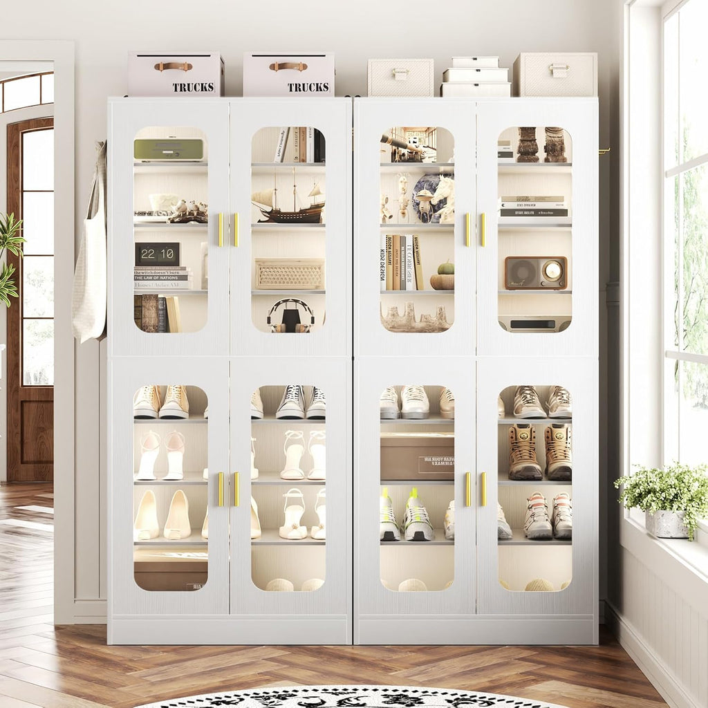 Cyclysio 67' Display Cabinet with PC Doors & LED Lighting - 8-Tier Storage Cabinet with 330lb Capacity & Adjustable Shelves for Entryway, Bedroom (White, Set of 2)