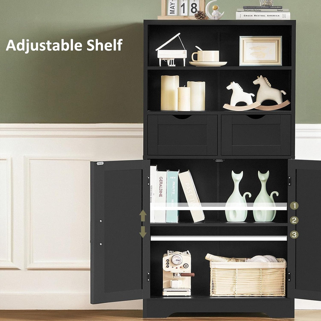TEENFON Storage Cabinet with Doors & 2 Drawers, Kitchen Cabinet with Adjustable Shelf, Pantry Cabinets, Bathroom Cabinets, for Living Room, Entryway, Home Office, Black