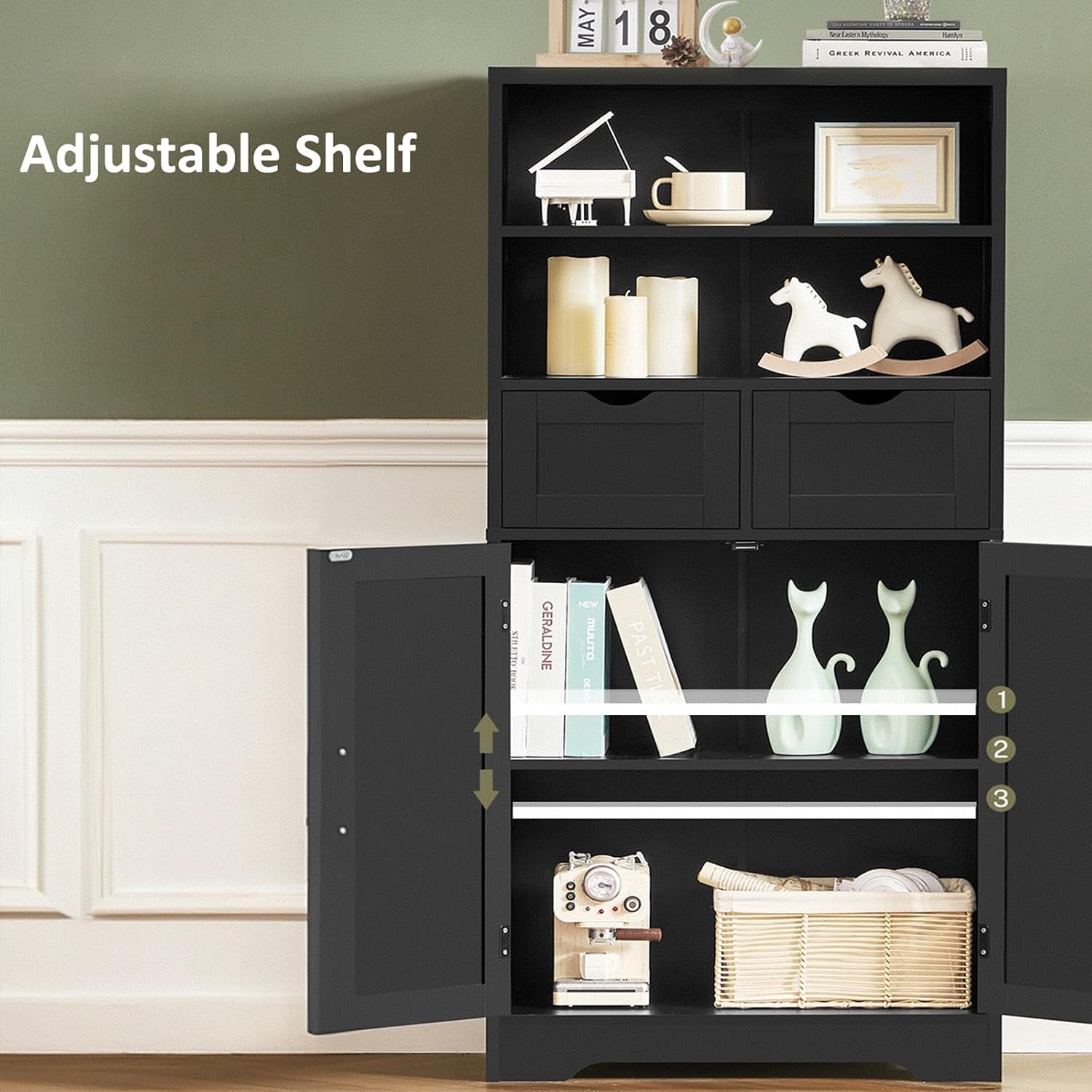 TEENFON Storage Cabinet with Doors & 2 Drawers, Kitchen Cabinet with Adjustable Shelf, Pantry Cabinets, Bathroom Cabinets, for Living Room, Entryway, Home Office, Black