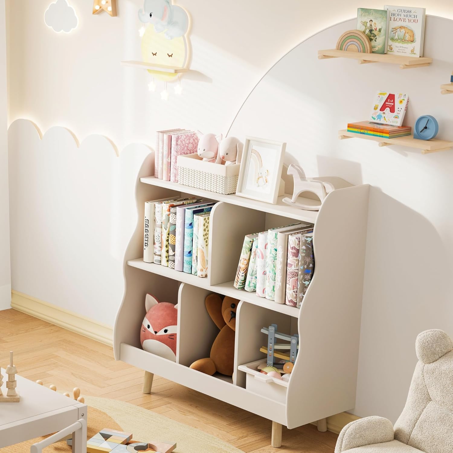 Treocho Kids Bookshelf and Toy Storage Orangizer, 3-Tier Wooden Children's Bookcase with Curve Design, 5 Cubbies Toy Storage Cabinet Display with Legs for Children's Room, Playroom, School, White