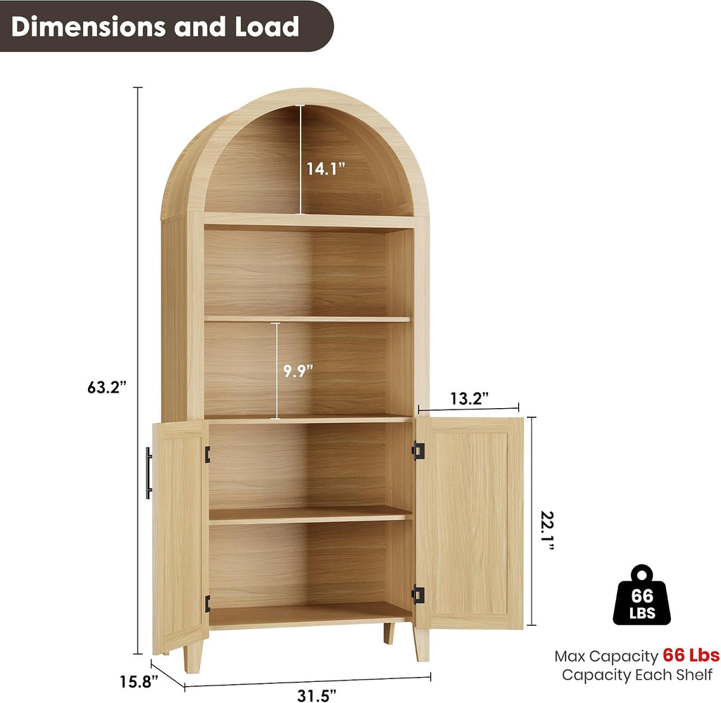 IDEALHOUSE Arched Kitchen Pantry Cabinet with Doors - 5-Tier Open Display Shelf with Rattan Decor, Farmhouse Storage Cabinet for Kitchen, Dining Room, Living Room, Natural