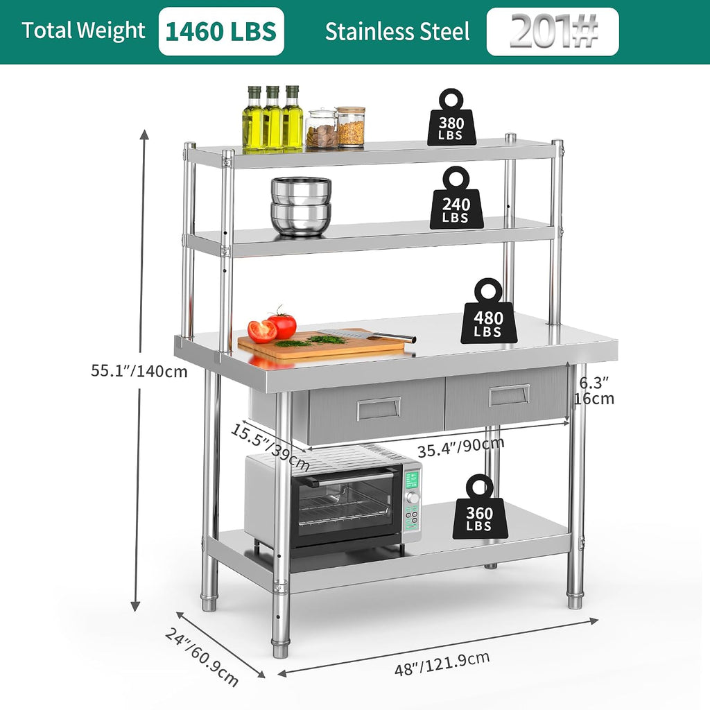 YITAHOME 48' × 24' Stainless Steel Table with Overshelves and 2 Drawers, NSF Worktable with 48' X 12' Shelf & 2 Drawers, Metal Prep Workstation for Home Kitchen Restaurant Garage Warehouse
