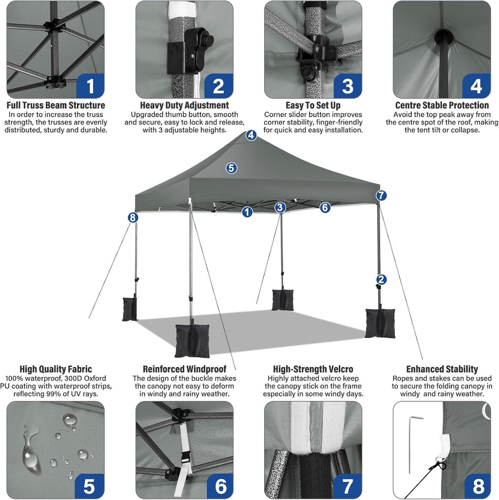 COBIZI Pop up Canopy Tent 10x10 Heavy Duty Gazebo with 4 Sidewalls, UPF 50+ All Weather Waterproof Commercial Outdoor Wedding Party Tents Canopy with Roller Bag, Deep Gray