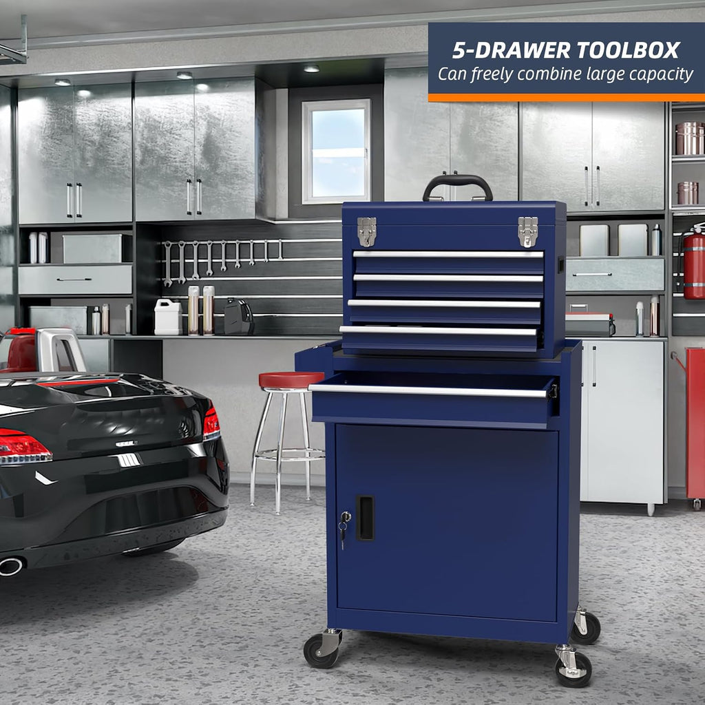 5-Drawer High Capacity Rolling Tool Box, Removable Cabinet Storage Tool Chest with Wheels and Drawers, Detachable Toolbox with Lock for Mechanics Garage Workshop and Tool Room (Blue)