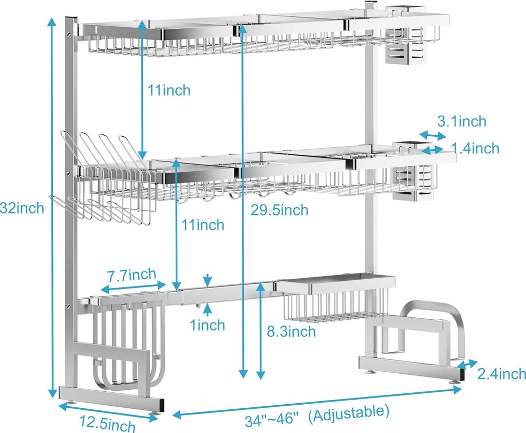 PUSDON Over Sink Dish Drying Rack Stainless Steel, Adjustable Large Dish Drainer for Storage Kitchen Organization Silver 3 Tier - Standard(34'-46')