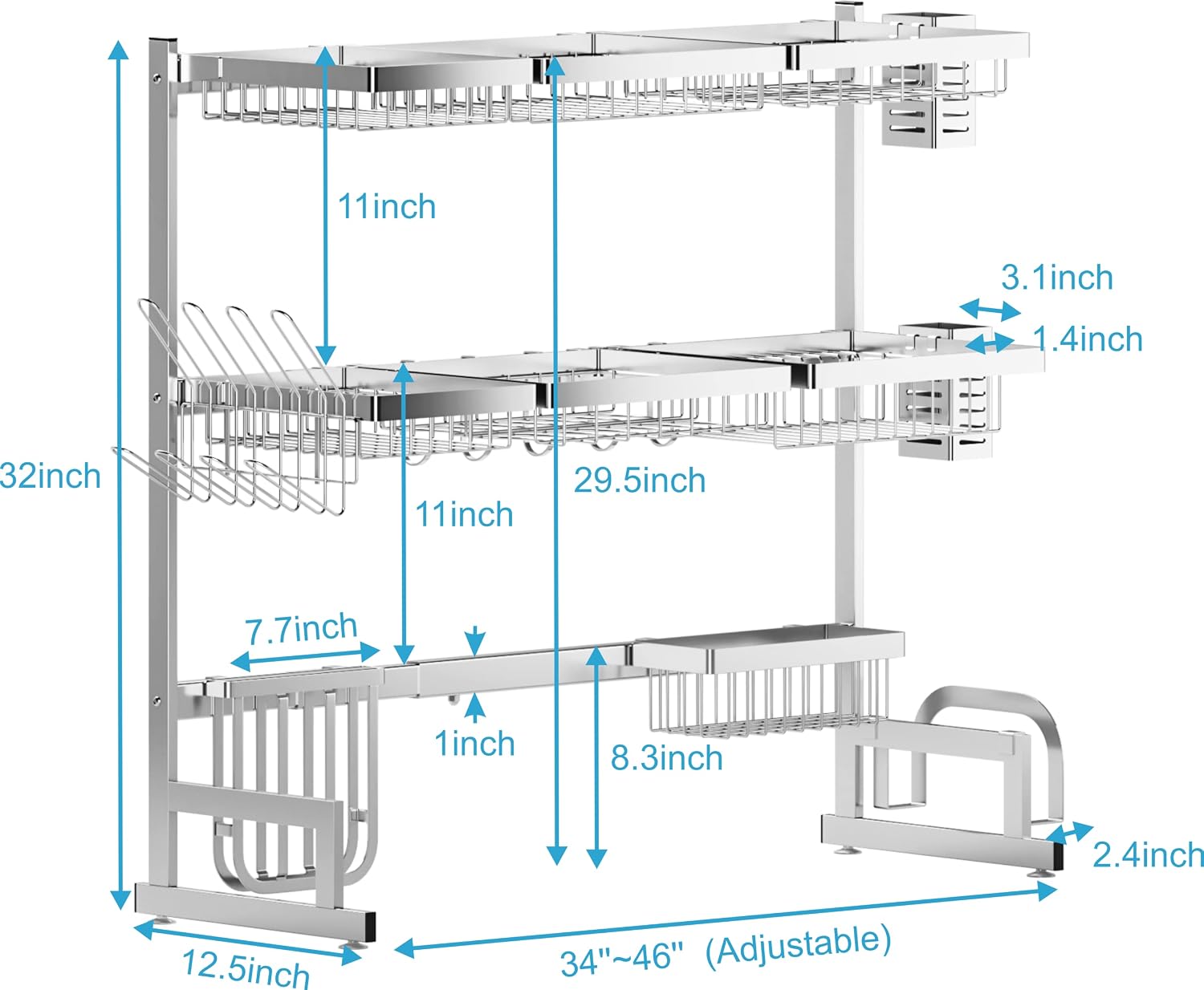 PUSDON Over Sink Dish Drying Rack Stainless Steel, Adjustable Large Dish Drainer for Storage Kitchen Organization Silver 3 Tier - Standard(34'-46')