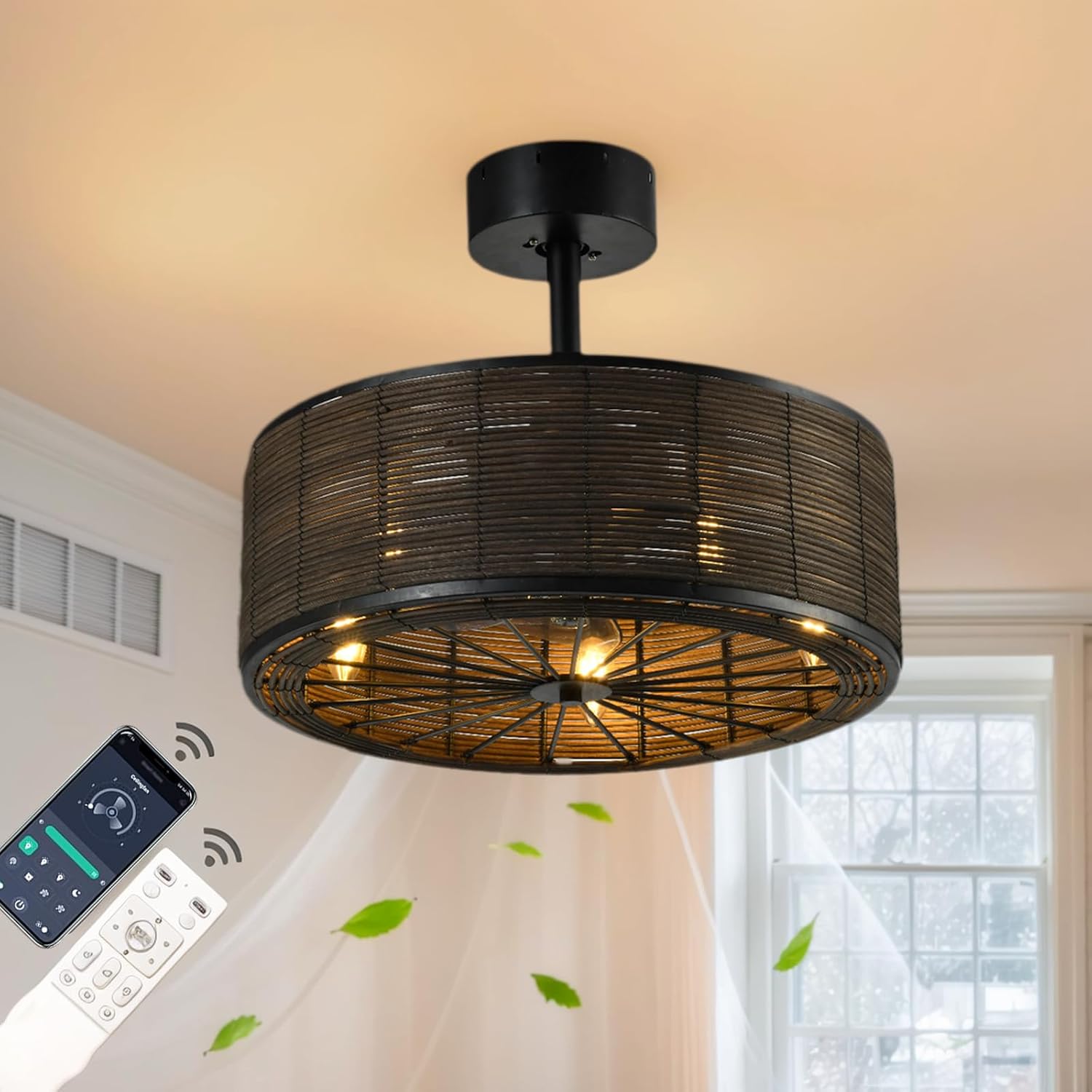 21' Boho Rattan Ceiling Fans with Lights,Flush Mount Caged Ceiling Fan with Remote Indoor,6 Speed, Timing, APP Remote Control,Includes 5 LED Bulbs for Bedroom,Kitchen,Living Room,Farmhouse
